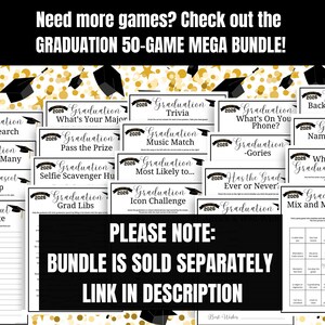 May include: A collection of graduation party games, including trivia, word search, and bingo. The image features multiple game sheets with titles like "What's Your Major" and "Name That Movie." Text at the top reads "GRADUATION 50-GAME MEGA BUNDLE!"