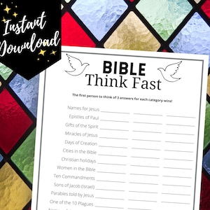 Puede incluir: Un juego de Biblia Think Fast imprimible con fondo blanco y texto negro. El juego incluye categorías como Nombres para Jesús, Epístolas de Pablo, Dones del Espíritu, Milagros de Jesús, Días de la Creación, Ciudades en la Biblia, Festividades cristianas, Mujeres en la Biblia, Diez Mandamientos, Hijos de Jacob (Israel), Parábolas contadas por Jesús, y Una de las 10 Plagas.
