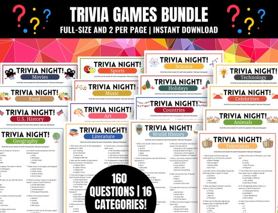 Printable Trivia Games MEGA Bundle: 16 Categories for Pub Trivia Night (PDF)