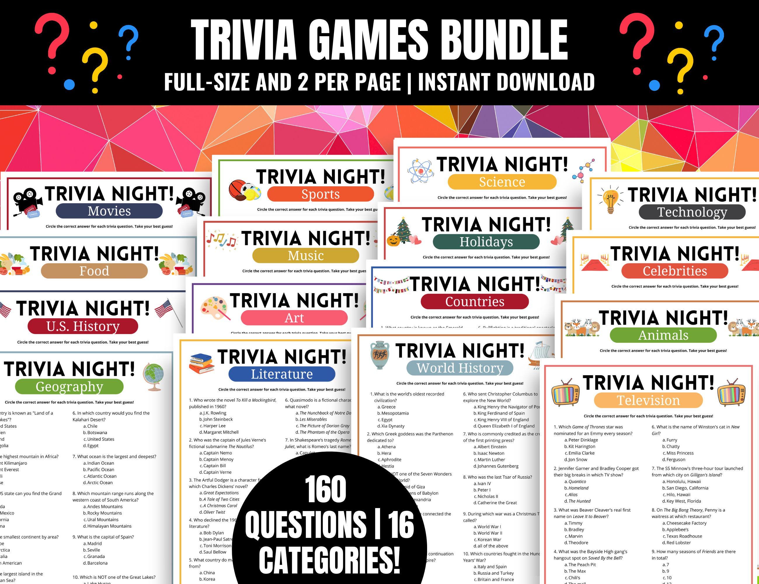 Printable Trivia Games MEGA Bundle: 16 Categories for Pub Trivia Night (PDF)
