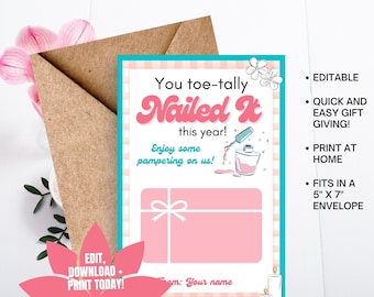 Teacher Appreciation Spa Gift Card Holder: Printable Manicure Pedicure Thank You (Editable Printable)