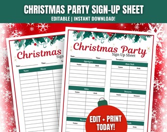 Puede incluir: Hoja de inscripción para una fiesta de Navidad imprimible con un diseño festivo de acebo verde y rojo. La hoja incluye secciones para aperitivos, plato principal, acompañamientos, postres y bebidas. También incluye espacio para nombres, platos y ubicaciones.