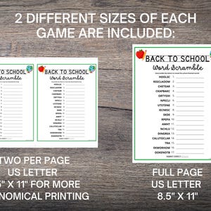 May include: Two Back to School word scramble games are displayed. One is a full-page version, and the other is two per page. The text includes the words "Back to School" and "Word Scramble". The paper size is 21.59 cm x 27.94 cm.