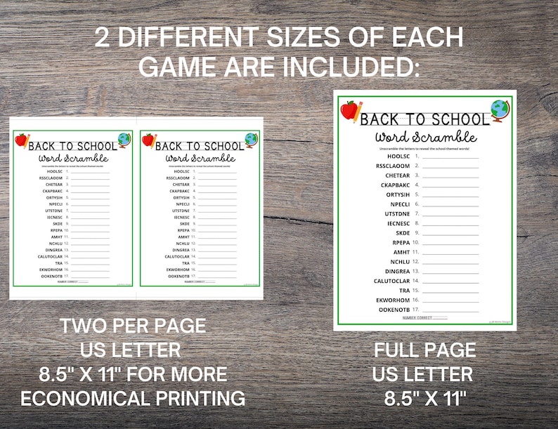 May include: Two Back to School word scramble games are displayed. One is a full-page version, and the other is two per page. The text includes the words "Back to School" and "Word Scramble". The paper size is 21.59 cm x 27.94 cm.