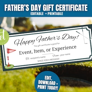 Modèle de certificat-cadeau de golf pour la fête des pères, cadeau de golf modifiable pour la fête des pères, carte-cadeau de golf, bon de réduction de golf pour la fête des pères