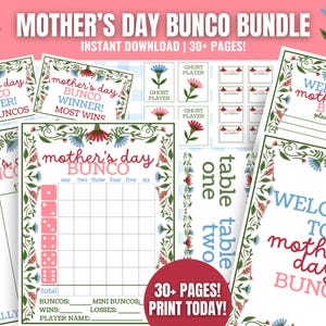 MEGA Bunco Fête des Mères, Bunco de mai à imprimer, Cartes Bunco Fête des Mères, Thème du printemps, Cartes de pointage Bunco, Feuilles de pointage, Numéros de table