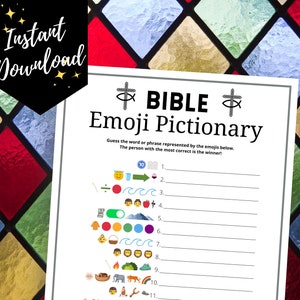 Può includere: Un gioco di Pictionary di Emoji della Bibbia stampabile con sfondo bianco e testo nero. Il gioco include 11 righe di emoji con spazi vuoti per scrivere le risposte.