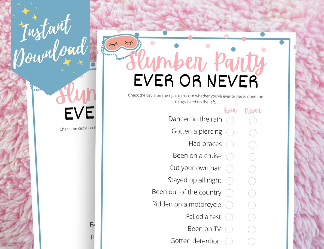 Slumber Party Ever or Never Game, Fun Sleepover Never Have I Ever Party