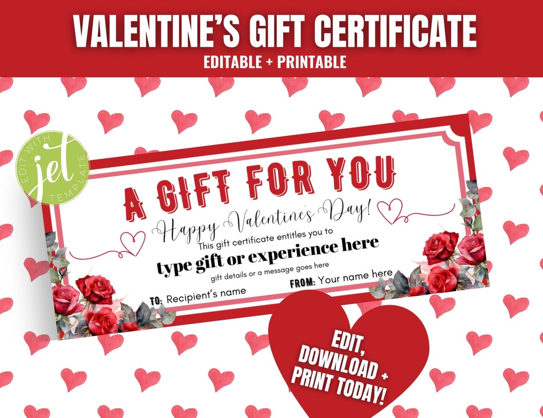 Editable Valentine Gift Certificate, Valentine Experience Gift ...