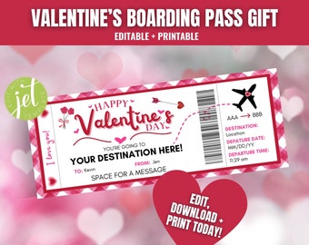 May include: Printable Valentine's Day boarding pass gift card template with a pink and white checkered background. The card features a red airplane, a heart, and the text "Happy Valentine's Day".