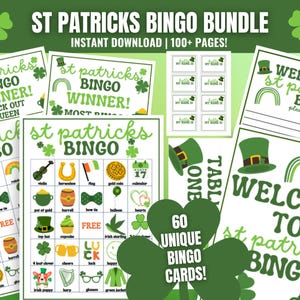 Op de afbeelding: Een printbare St. Patrick's Day bingobundel met 60 unieke bingokaarten, welkomsborden en bingowinnaarkaarten. De kaarten bevatten verschillende afbeeldingen met St. Patrick's Day-thema, zoals klavertjesvier, kabouters en potten goud.
