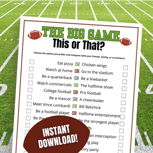 Super Football This or That Game, 2024 Super Bowl Party, Printable Game for Adults, Super Bowl Group Game, Super Bowl Would You Rather Game