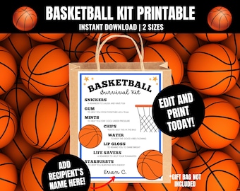 May include: A printable basketball kit design with the text "Basketball Kit Printable" and "Instant Download | 2 Sizes". The kit includes a basketball survival kit with snacks and essentials. The background is filled with orange basketballs.
