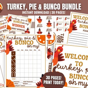 Pacote Bunco de Ação de Graças, Bunco de novembro para impressão, Cartões Bunco de Ação de Graças, Scorecards, Folhas de contagem, Números de mesa, Torta de peru e Bunco