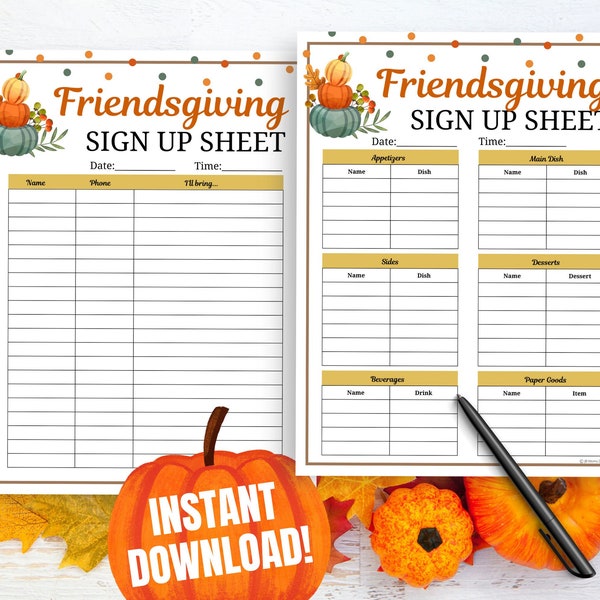 Friendsgiving Potluck Sign Up Sheet, Friendsgiving Dinner Signup Sheet, Friendsgiving Volunteer List, Friendsgiving Ideas