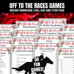 May include: A set of 10 printable game cards with a horse racing theme. The cards are pink and green with white text. The games include: Fact or Fiction, Derby Winner Match, Drunk Dice, Scavenger Hunt, Word Search, The Color Red, Music Match, Candy Dice Game, Derby Vocabulary, They Go Together Like, Trivia, Icon Challenge, Word Scramble, Riddle Me This, Ad Libs, and Finish the Phrase.