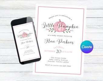 Pink Pumpkin Baby Shower Invitation: Digital and Printable Version (Editable Canva Template)