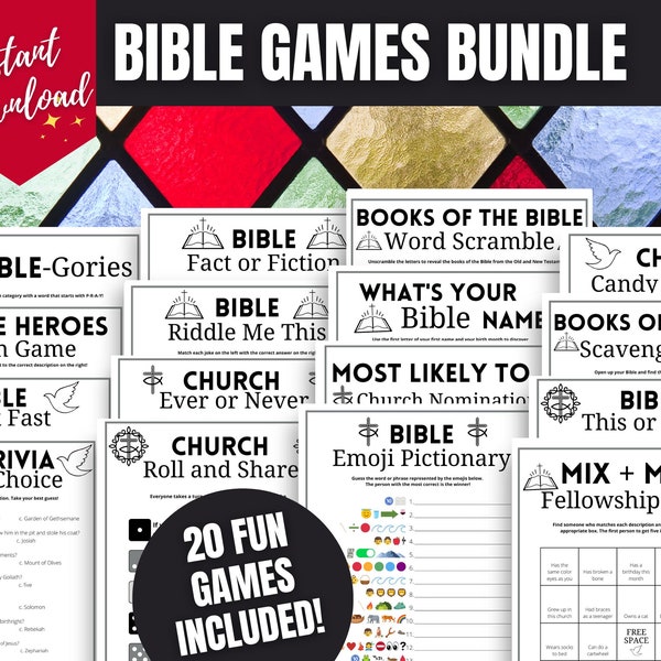 Bibel 20-Spiel MEGA Bundle, lustige Bibelspiele für Bibelarbeit, Jugendgruppenaktivitäten, Sonntagsschulideen, kleine Gruppenspiele, christliche Spiele