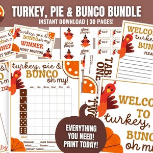 Paquete de Bunco para la fiesta de Acción de Gracias: Tarjetas de puntuación imprimibles, hojas de recuento y más (descarga digital)