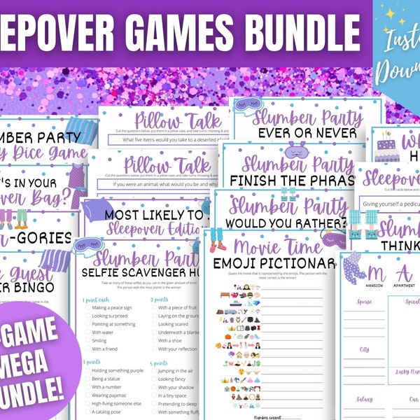 Slumber Party 15-Game MEGA BUNDLE, Fun Sleepover Games for Tweens & Teens, Tween Girl Birthday Sleepover Games, Purple Birthday Party Ideas