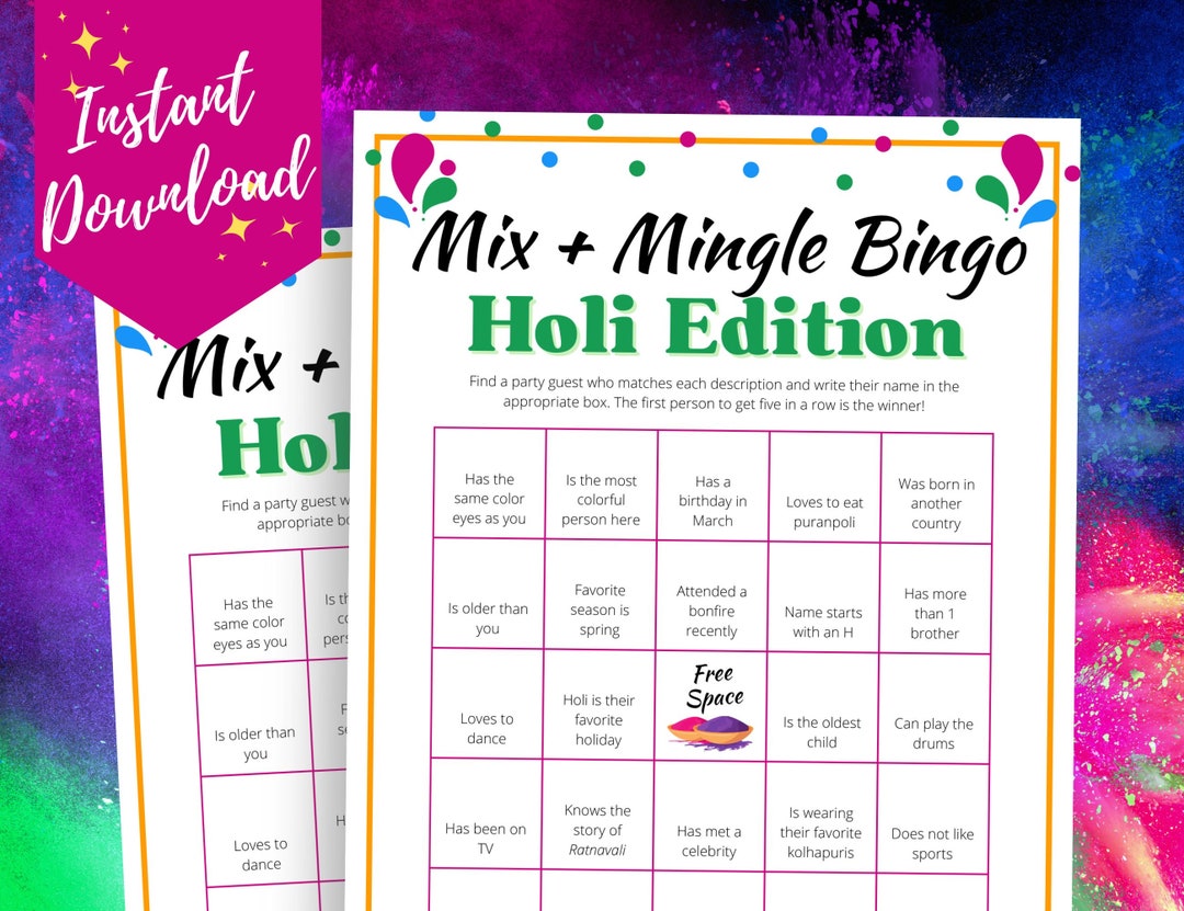 Holi Human Bingo Game, Fun Holi Festival Game for Adults, Seniors