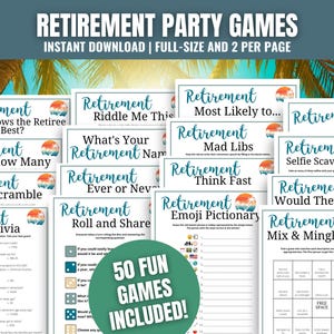 Może przedstawiać: Kolekcja arkuszy z grami na przyjęcie emerytalne z tytułami takimi jak Retirement Trivia, Retirement Emoji Pictionary i Retirement Mix & Mingle Bingo. Każdy biały arkusz zawiera niebieski tekst oraz małą grafikę przedstawiającą zachód słońca.