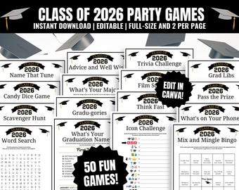 Class of 2026 Graduation Games: 50 Editable Grad Party Activities (Printable PDF)