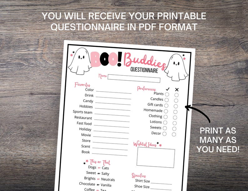 Pink Halloween Boo Buddy Questionnaire: Gift Exchange Template ...