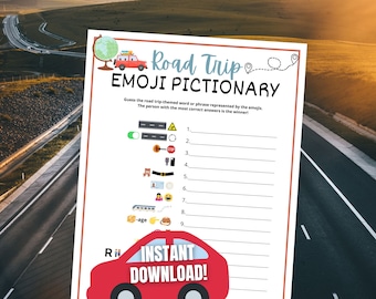 Jeu de pictionary d'emojis pour les voyages sur la route, jeu d'emojis amusant pour les voyages d'été ou les voyages en famille sur la route, activité de voyage sur la route pour les enfants à faire dans la voiture