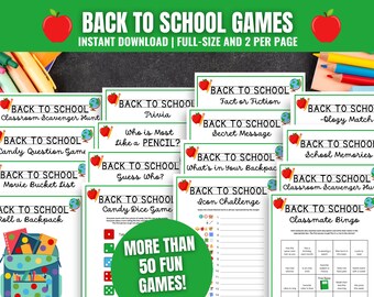 May include: A collection of printable "Back to School Games" with an apple and globe graphic. The games include trivia, scavenger hunts, and bingo. The text reads "Instant Download" and "More Than 50 Fun Games!"