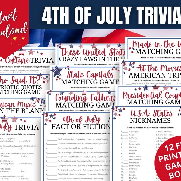 4th of July Trivia 12-Game Bundle for Adults and Kids, 4th of July Printable Games for Independence Day Party, Patriotic Games for Family