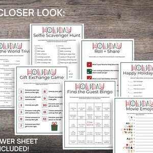 May include: A collection of holiday-themed game sheets, including trivia, scavenger hunt, and bingo. The sheets are white with red and green accents, featuring the word "HOLIDAY" in a festive design. The phrase "ANSWER SHEET INCLUDED!" is at the bottom.
