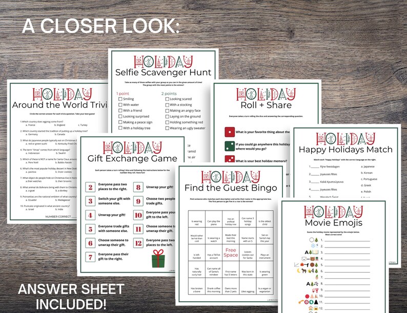 May include: A collection of holiday-themed game sheets, including trivia, scavenger hunt, and bingo. The sheets are white with red and green accents, featuring the word "HOLIDAY" in a festive design. The phrase "ANSWER SHEET INCLUDED!" is at the bottom.