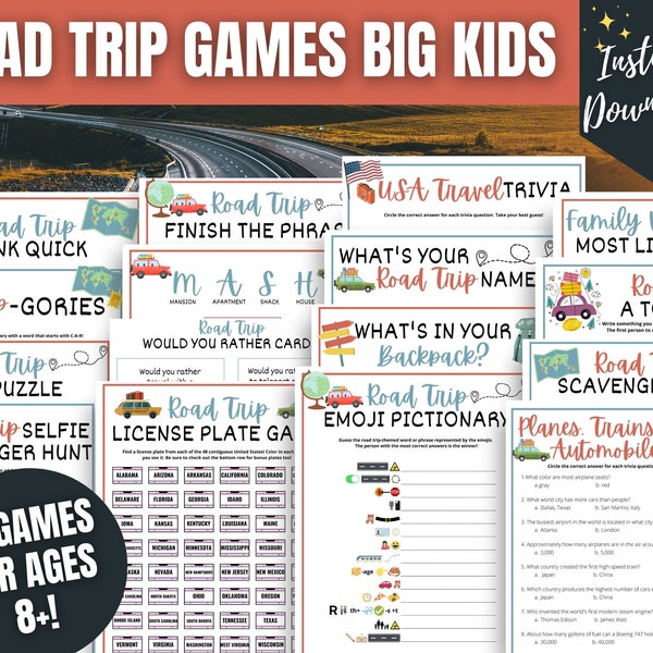 Big Kids Road Trip Games Bundle, Road Trip Activities for Kids, Tweens, & Teens, Family Travel Games, Fun Travel Games to do in the Car