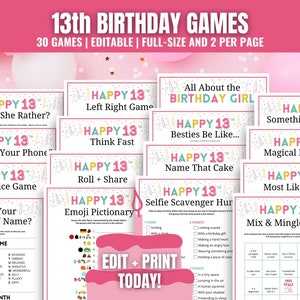 13th Birthday Party Games Bundle for Her, Editable 13th Birthday Games for Girl, Fun Teen Birthday Party Games, Tween Birthday Games
