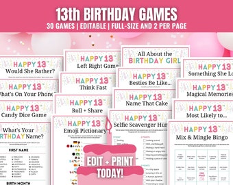 Paquete de juegos para fiesta de 13.º cumpleaños: 30 divertidos juegos y actividades para adolescentes (editables e imprimibles)