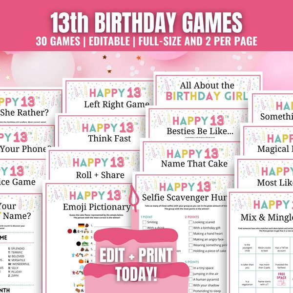 13th Birthday Party Games Bundle for Her, Editable 13th Birthday Games for Girl, Fun Teen Birthday Party Games, Tween Birthday Games