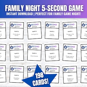以下が含まれることがあります： 「Family Night 5-Second Game」のゲームカードのセット。各カードにはプロンプトとゲームのロゴがあります。画像には「198枚のカード！」と「インスタントダウンロード」というテキストが含まれています。