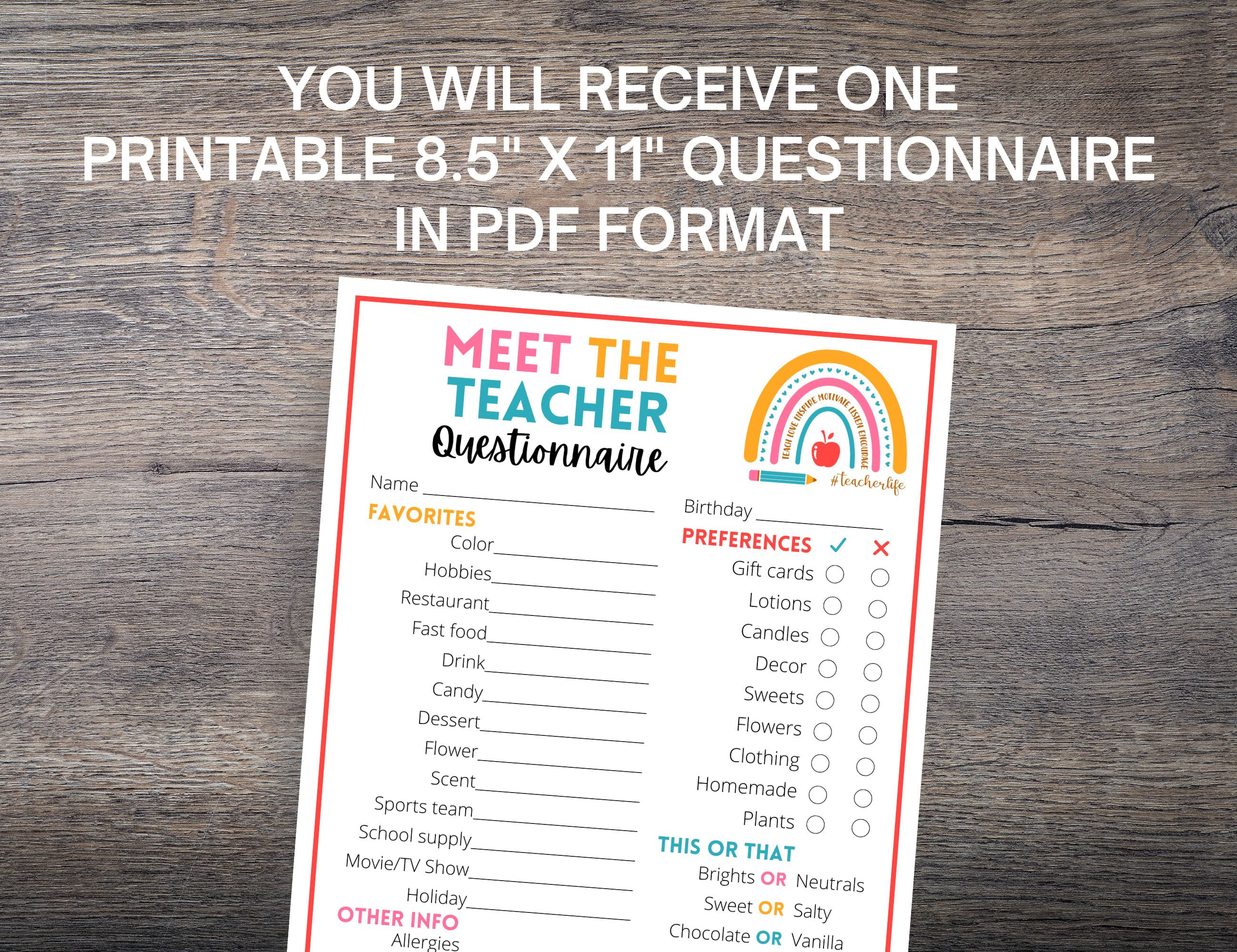 Meet the Teacher Questionnaire Teacher Favorite Things - Etsy