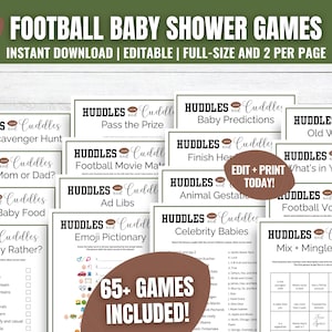 May include: A collection of printable football-themed baby shower games. The design features a green background with football graphics and the text "Football Baby Shower Games." Includes games like "Selfie Scavenger Hunt" and "Baby Predictions."