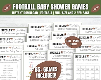 Bundel met voetbalthema-babyshowerspelletjes: 67 bewerkbare spelletjes en activiteiten (printbaar)