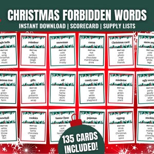 Puede incluir: Un conjunto de 135 tarjetas con temática navideña con fondo rojo y detalles de acebo verde. Cada tarjeta presenta una palabra prohibida para un juego de Navidad, como "jingle bells", "reindeer", "snowman", "cocoa", "Christmas card", "snow angel", "Christmas tree", "gifts", "elf", "candy cane", "mistletoe", "ugly sweater", "snowball", "cookies", "Santa Claus", "pajamas", "eggnog", and "stocking".