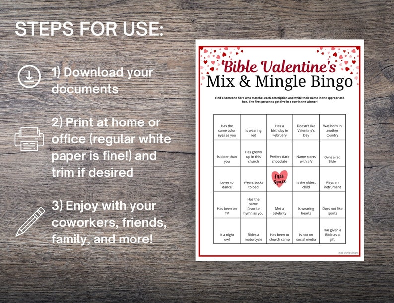 May include: A printable Bible Valentine's Mix & Mingle Bingo game card with a red heart design. The card has 25 squares with different prompts for players to find someone who matches the description.  The first person to get five in a row wins.