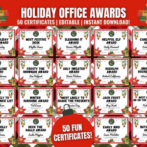 Könnte beinhalten: Ein Satz von 50 druckbaren Weihnachts-Büro-Preisurkunden. Die Urkunden sind im roten und grünen Weihnachts-Design mit festlichen Illustrationen gehalten. Jede Urkunde hat einen einzigartigen Preistitel und Platz für einen Namen. Der Text auf den Urkunden lautet "Weihnachts-Büro-Auszeichnungen" und "50 lustige Zertifikate!"