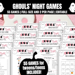 Teen Ghouls Night Games. This Pink Halloween Games Bundle is perfect for Teen and Tween Halloween Parties. All of the game are clean. The top of each page features two cute ghosts with the title "Ghouls Night" in pink and black text. Games include Halloween Emoji Pictionary, What's On Your Phone, and many more. Ghouls Night In, Ghouls Night Out, Teenage Halloween Party, Tween Halloween Party, Cute Halloween Games, Halloween Girls Night