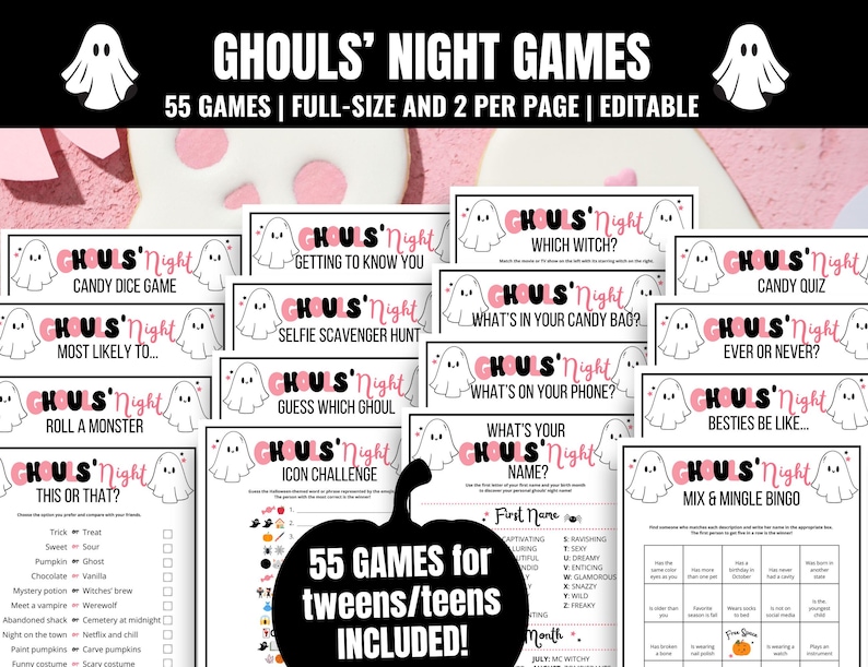 Teen Ghouls Night Games. This Pink Halloween Games Bundle is perfect for Teen and Tween Halloween Parties. All of the game are clean. The top of each page features two cute ghosts with the title "Ghouls Night" in pink and black text. Games include Halloween Emoji Pictionary, What's On Your Phone, and many more. Ghouls Night In, Ghouls Night Out, Teenage Halloween Party, Tween Halloween Party, Cute Halloween Games, Halloween Girls Night