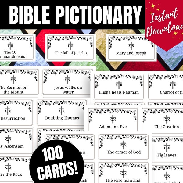 100 Bible Pictionary Cards, Printable Bible Pictionary Cards, Christian Games for Sunday School, Youth Groups, Small Group, Fun Church Game