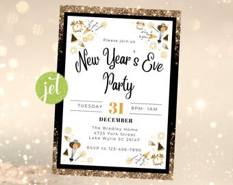 May include: Gold glitter background with a black and white New Year's Eve party invitation. The invitation features a gold clock, confetti, and the text "Please join us New Year's Eve Party" with the date "Tuesday, December 31" and time "8PM-1AM".