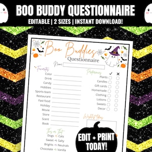 Halloween Boo Buddy Questionnaire: Editable Gift Exchange Survey (PDF)