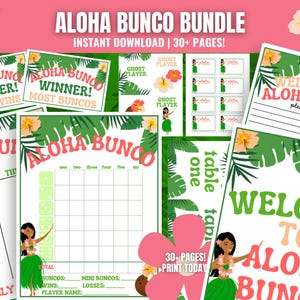 Luau Bunco MEGA Bundle, druckbares Aloha Bunco Bundle, Hawaiianische Bunco Karten, Bunco Scorecards, Tally Sheets, Tischnummern, Meldeblatt